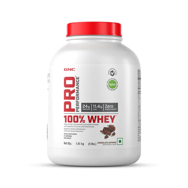 GNC Pro Performance 100% Whey protein powder container on a white background