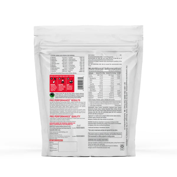 Back view of a protein powder package with text and logos on a white background