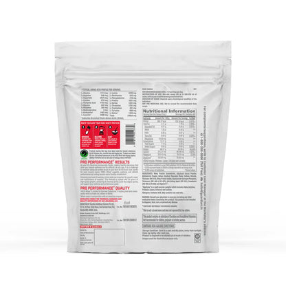 Back view of a protein powder package with text and logos on a white background
