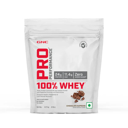 GNC Pro Performance 100% Whey protein powder package on a white background
