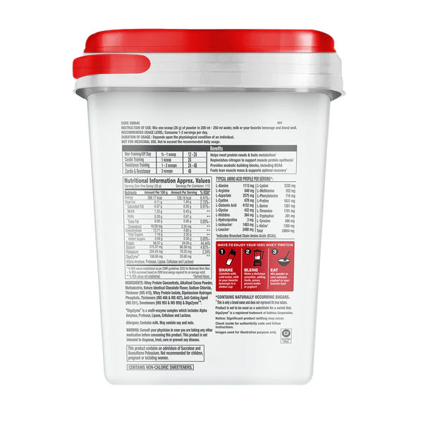 White container with red lid and nutritional information label on a white background