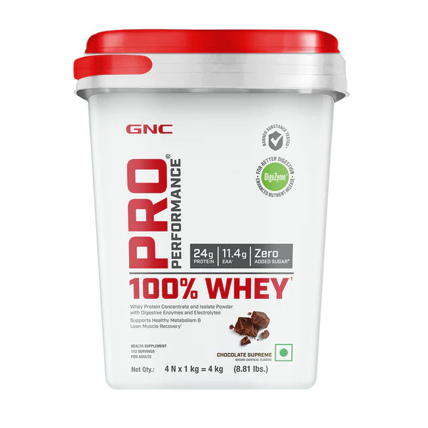 GNC Pro Performance 100% Whey protein powder container with red lid on a white background