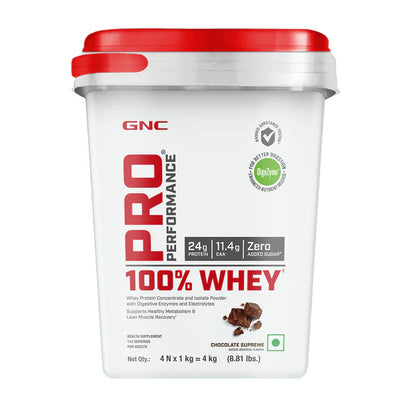 GNC Pro Performance 100% Whey protein powder container with red lid on a white background