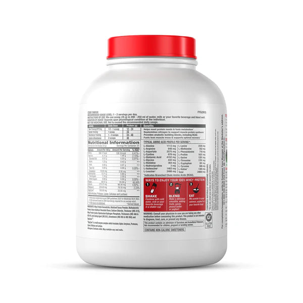 White protein powder container with red lid on a white background