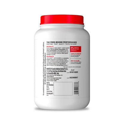 Protein powder container with a red lid on a white background