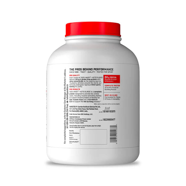 White protein supplement container with red lid on a white background