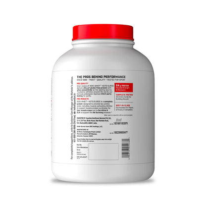 White protein supplement container with red lid on a white background