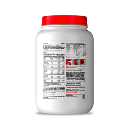White supplement container with red lid on a white background