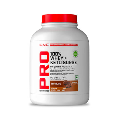 GNC Pro Performance 100% Whey + Keto Surge protein powder container on a white background
