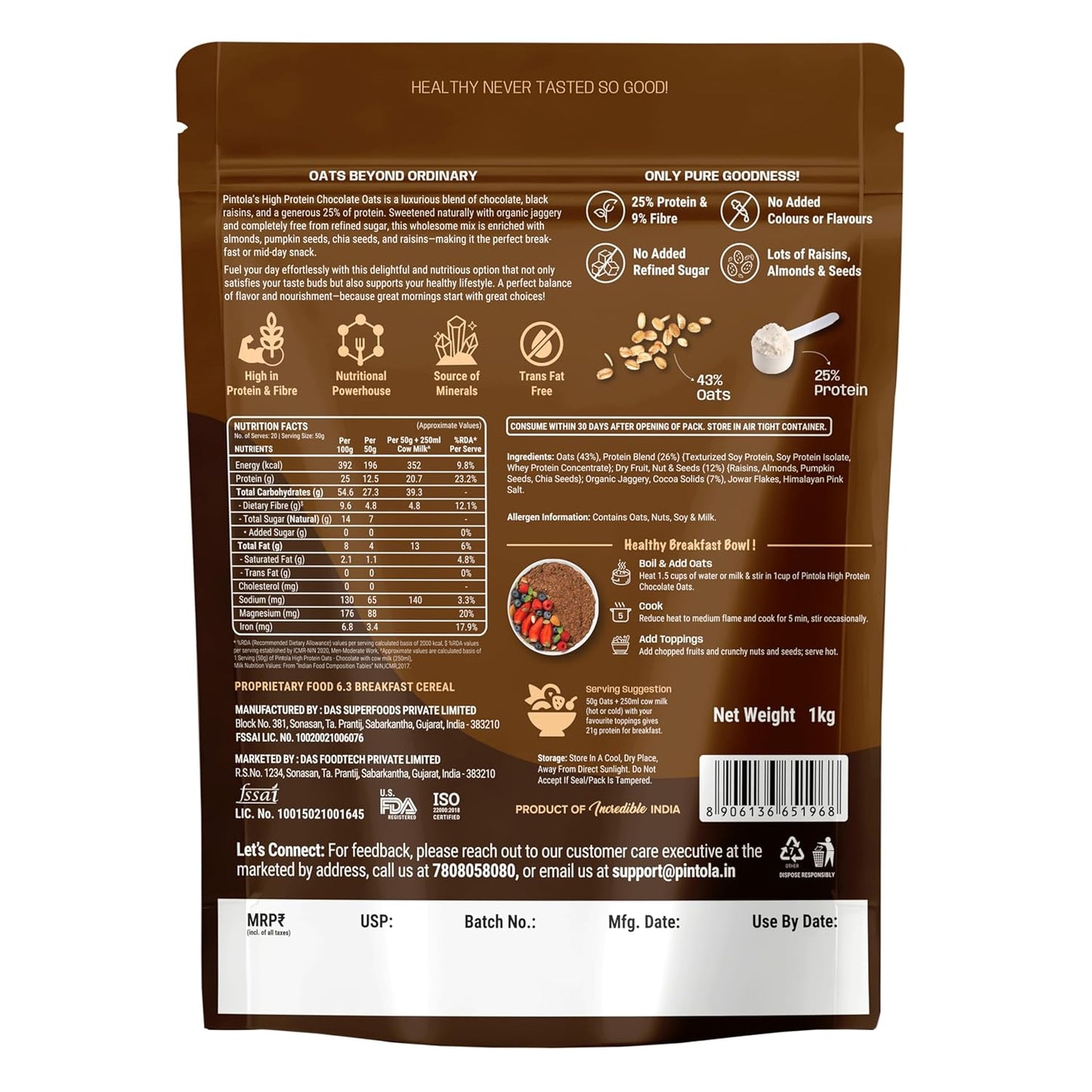 PINTOLA HIGH PROTEIN OATS | DARK CHOCOLATE | 1 KG | PURE SURE SUPPS