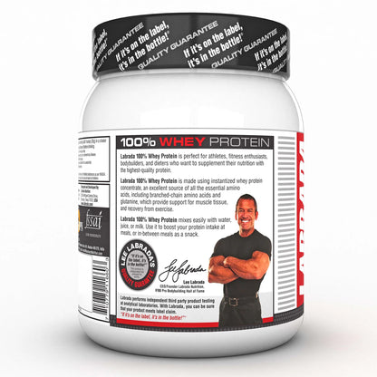 Container of Labrada 100% Whey Protein with a label on a white background