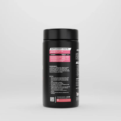 Black supplement container with label on a gray background