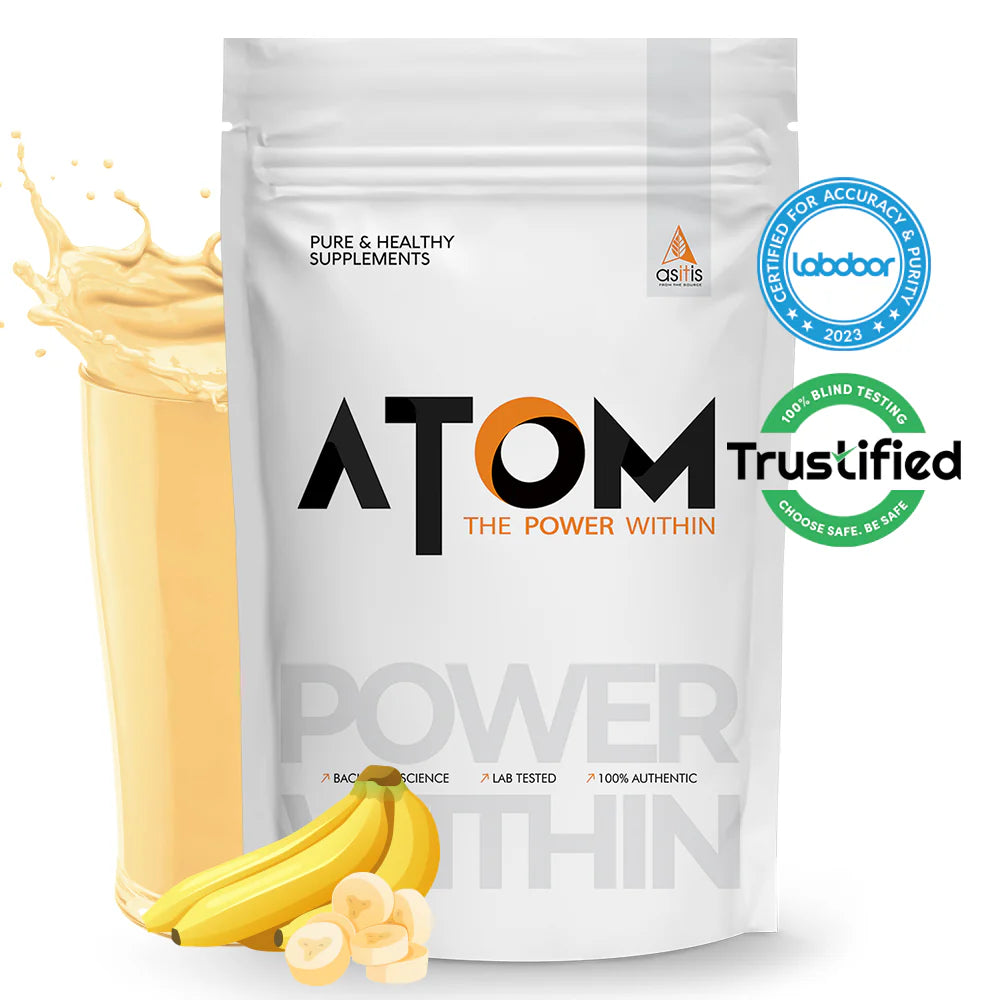 ATOM supplement package with a banana and a Labdoor certification badge on a white background