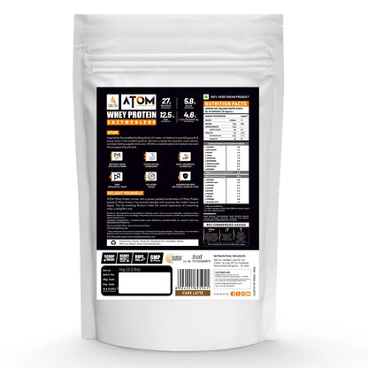 White protein powder package with a black label on a white background
