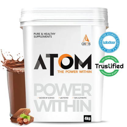 White supplement container labeled 'ATOM' with branding and certification logos on a white background.