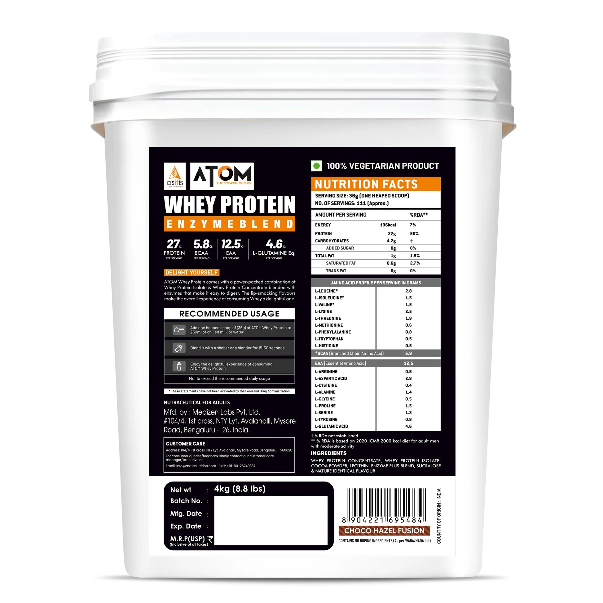 White container of Atom Whey Protein Enzyme Blend with label on a white background