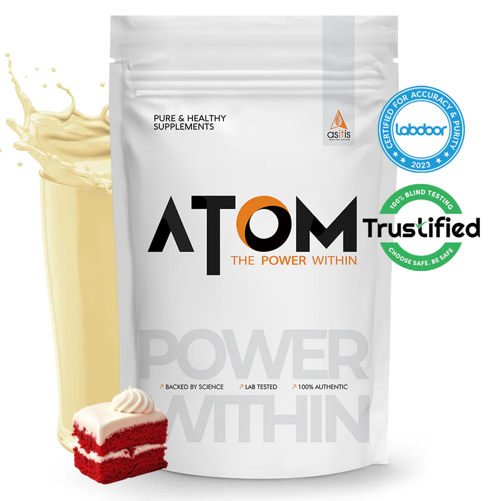 ATOM supplement package with a slice of red velvet cake and labdoor certification badge on a white background