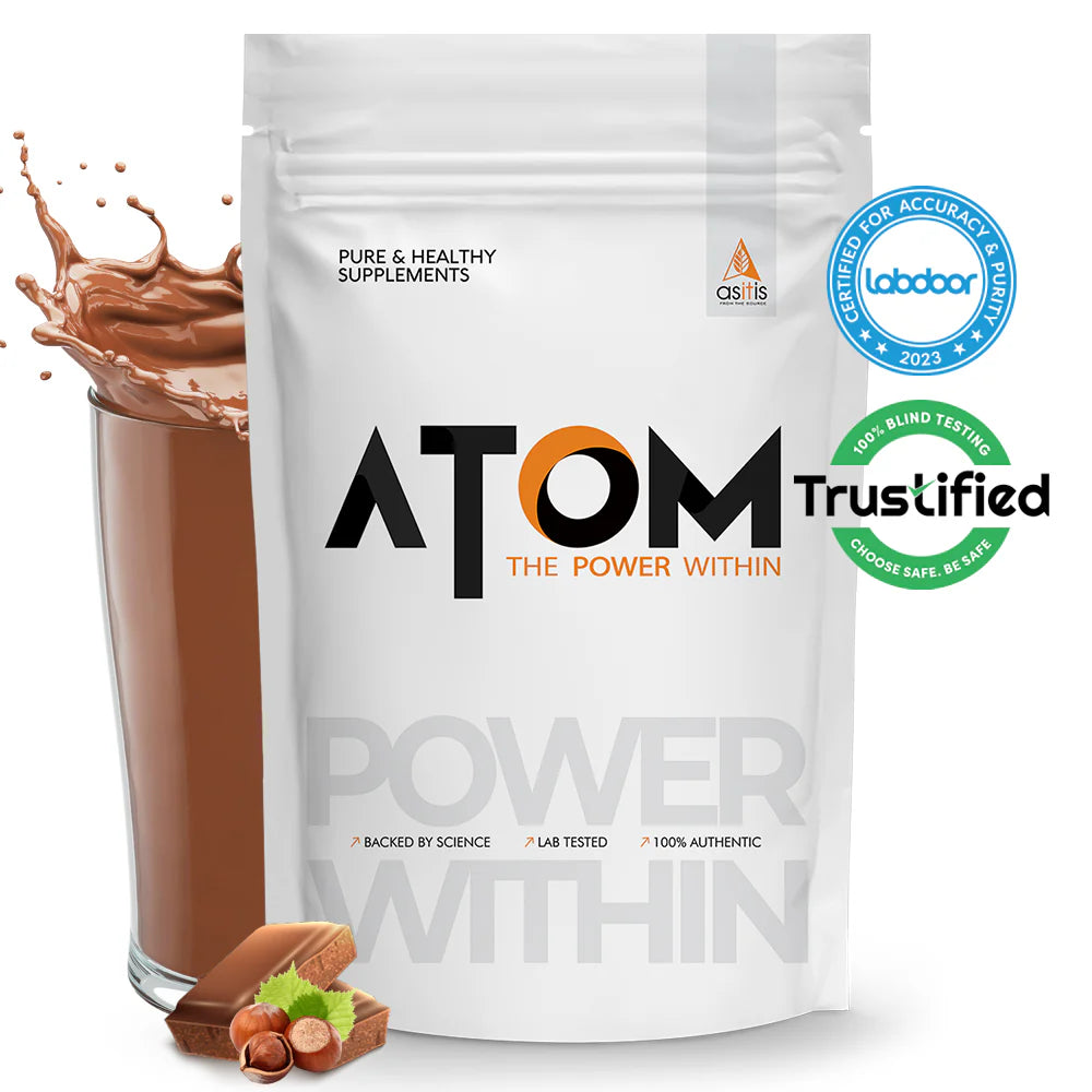 ATOM supplement package with a glass of chocolate drink and labdoor certification badge on a white background