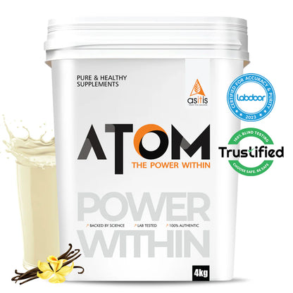 White supplement container labeled 'ATOM The Power Within' with branding and certification logos on a white background.