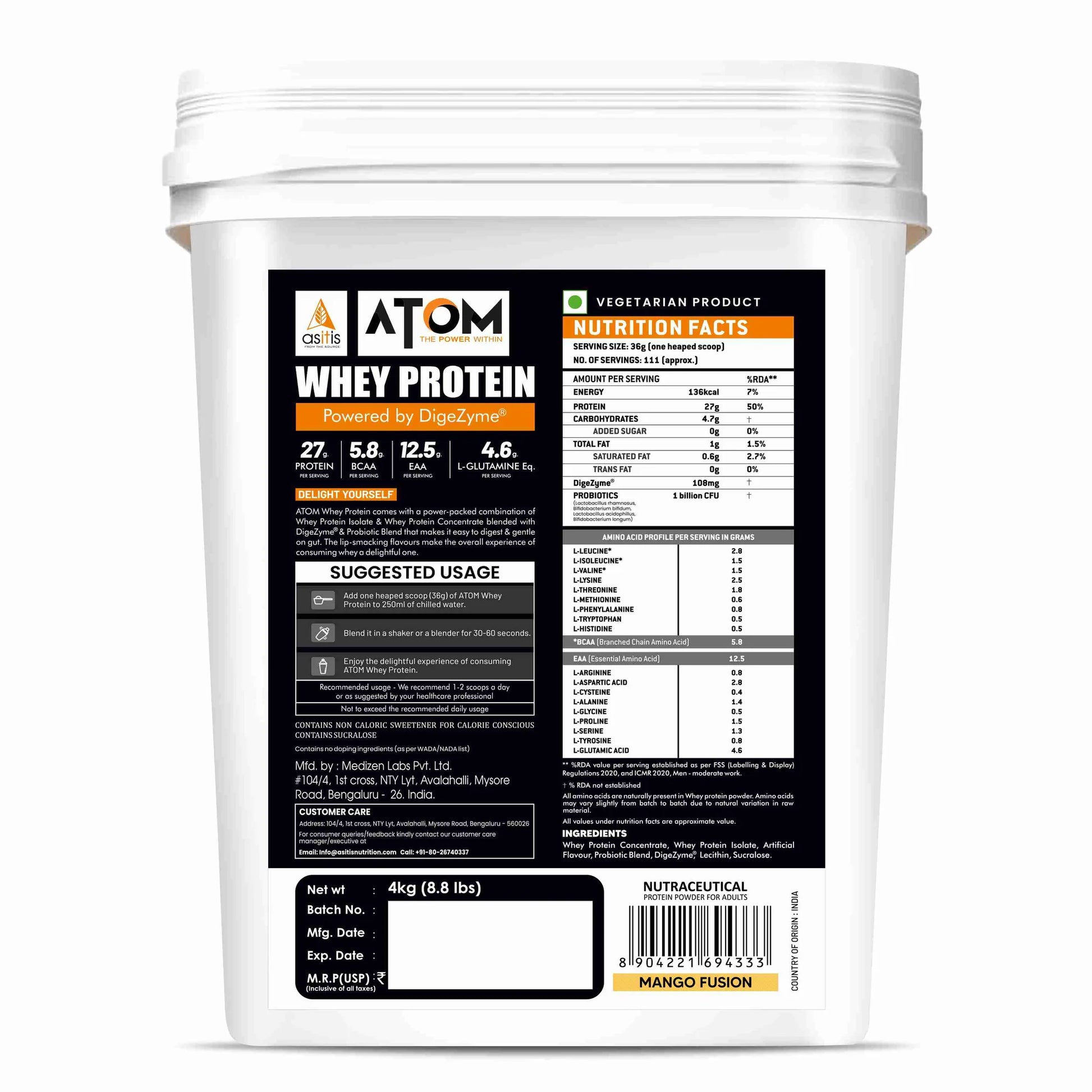 White container of Atom whey protein with nutrition label on a white background