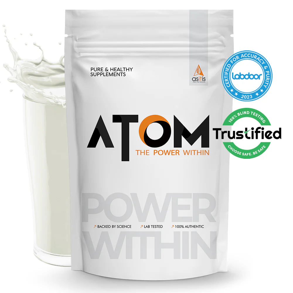ATOM supplement package with branding and certification logos on a white background