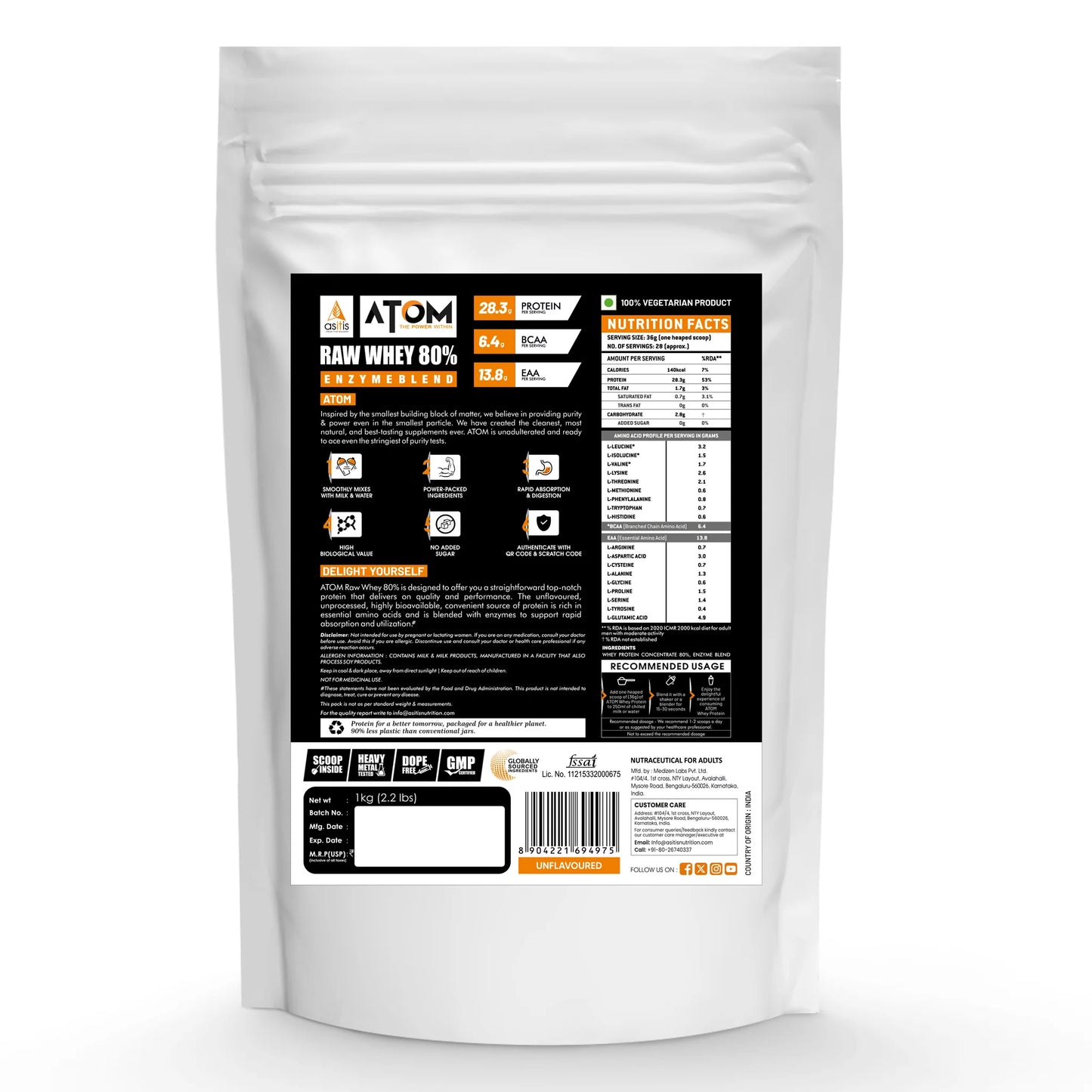 White protein powder package with a detailed label on a white background