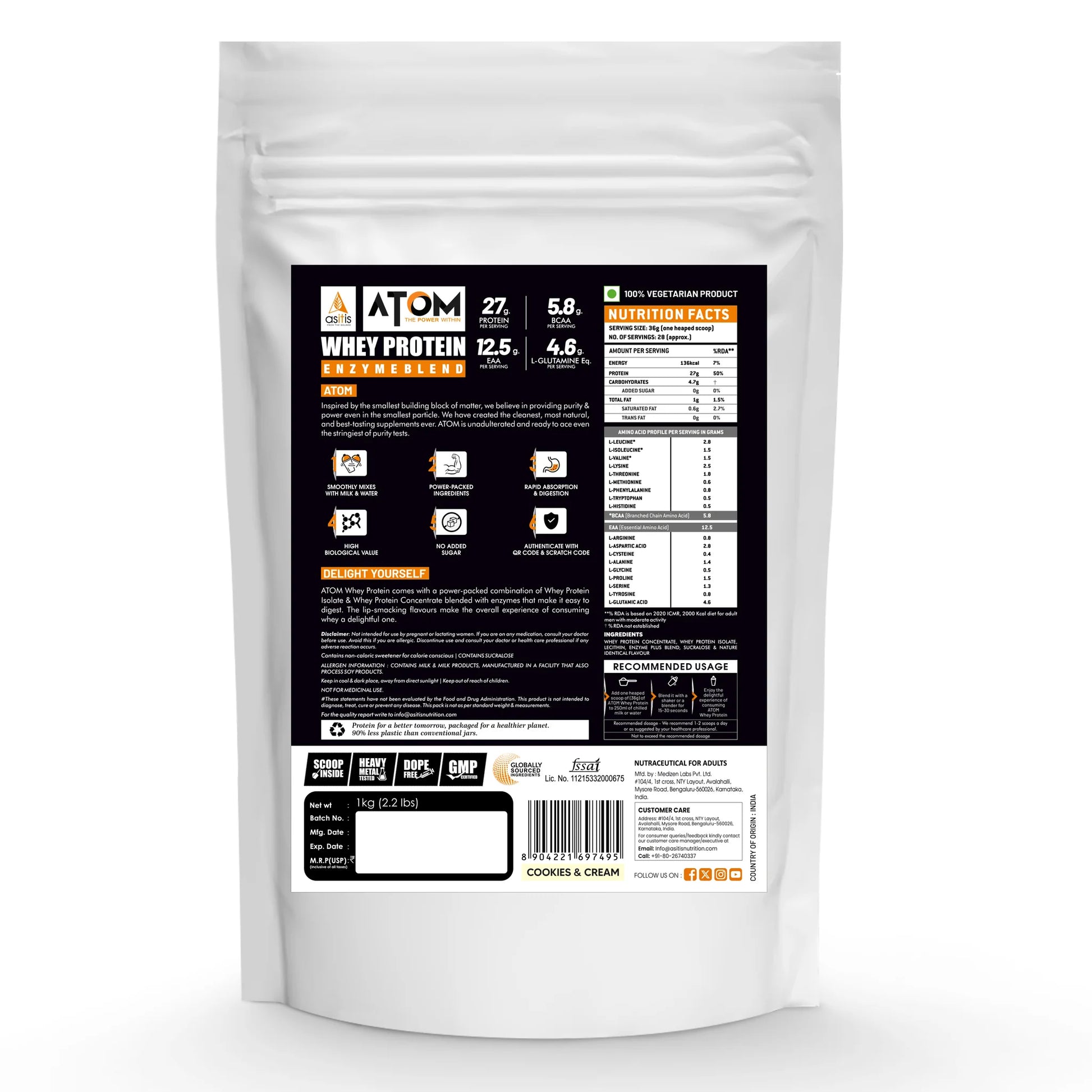 Whey protein package with nutrition label on a white background