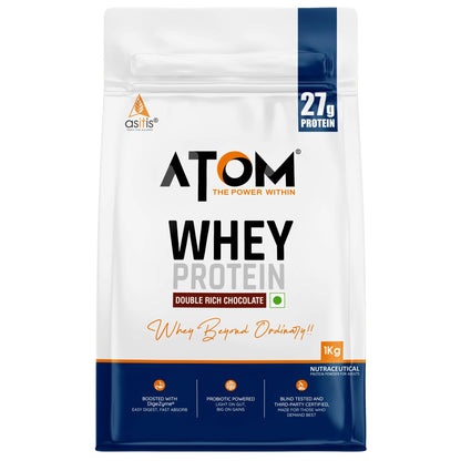 Atom whey protein package with branding and product details on a white background