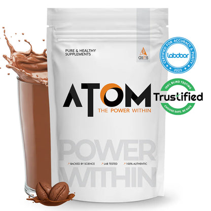 ATOM supplement package with a glass of chocolate shake and coffee beans on a white background