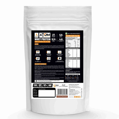 Whey protein package with a detailed label on a white background