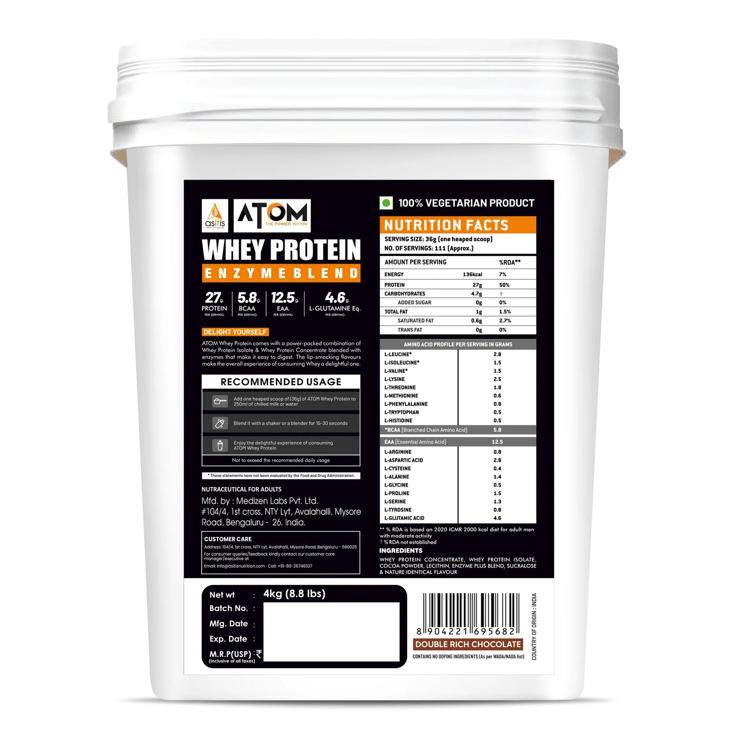 White container of Atom Whey Protein Enzyme Blend with nutrition label on a white background