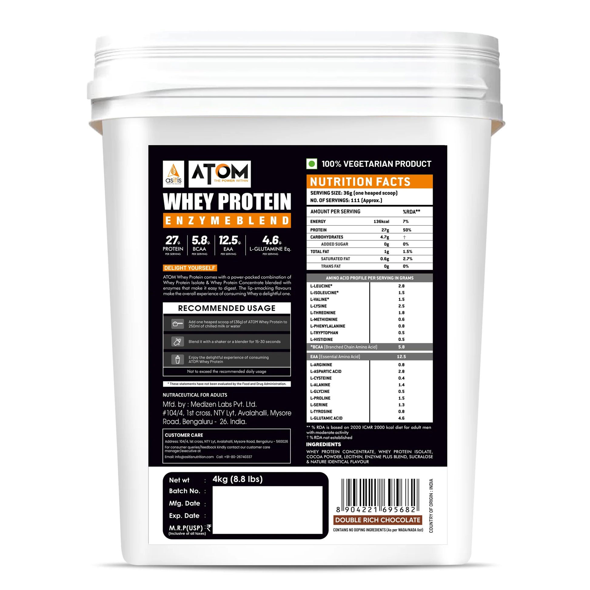 White container of Atom Whey Protein Enzyme Blend with nutrition label on a white background