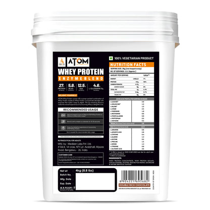 White container of Atom Whey Protein Enzyme Blend with nutrition label on a white background