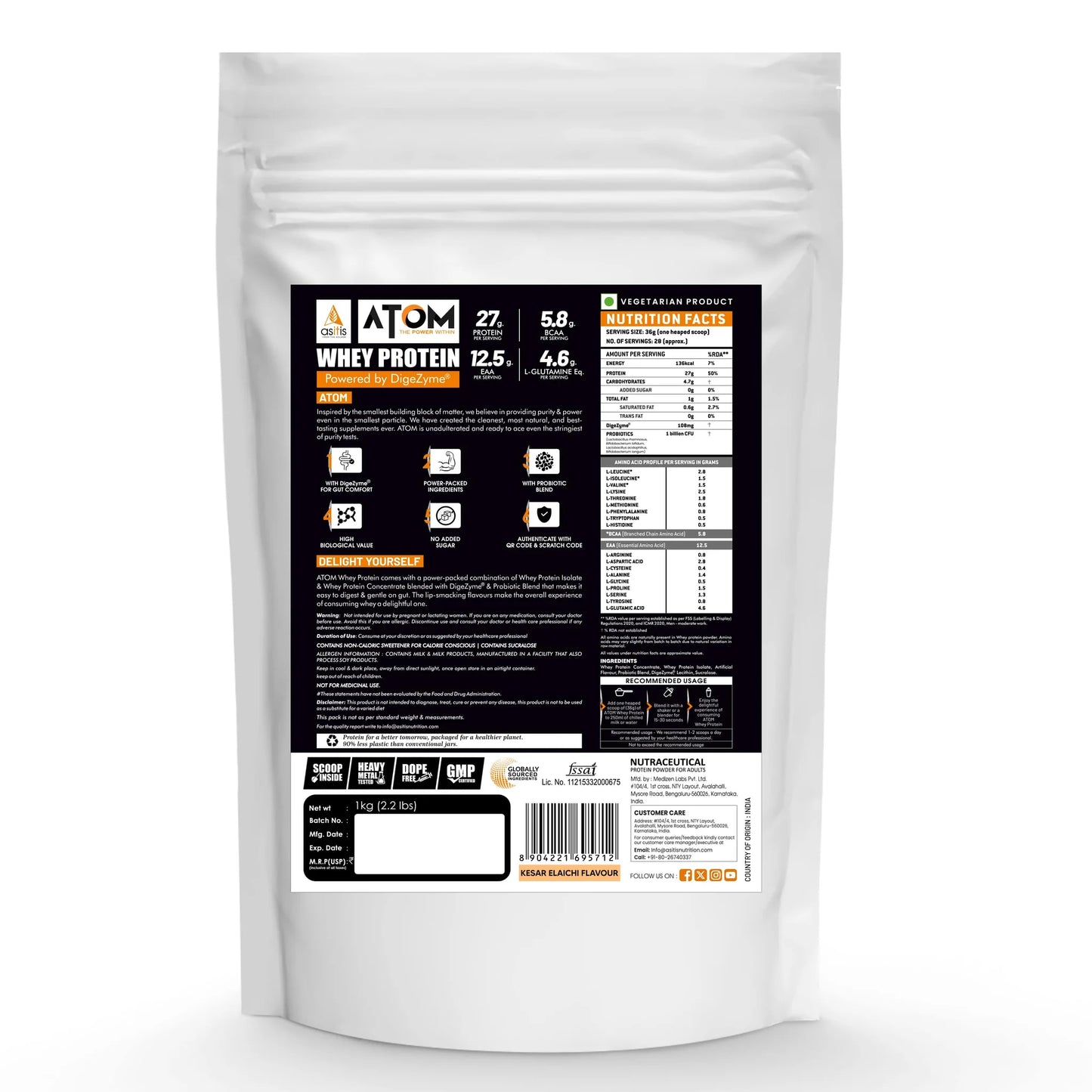 Whey protein package with a detailed label on a white background