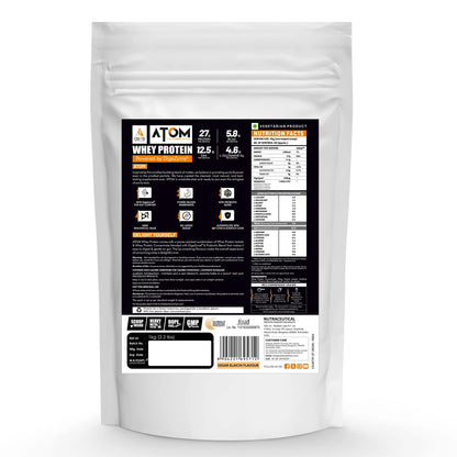Whey protein package with a detailed label on a white background