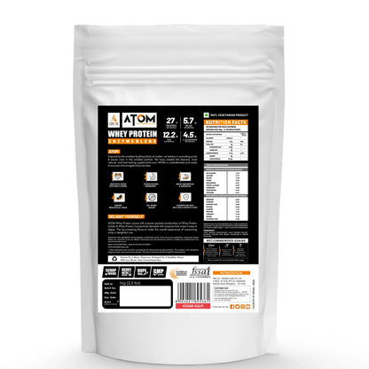Atom whey protein package with nutritional information on a white background