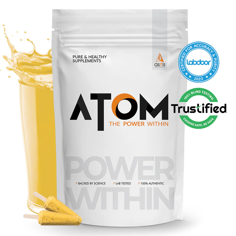 ATOM supplement package with a yellow supplement stick and Labdoor certification badge on a white background