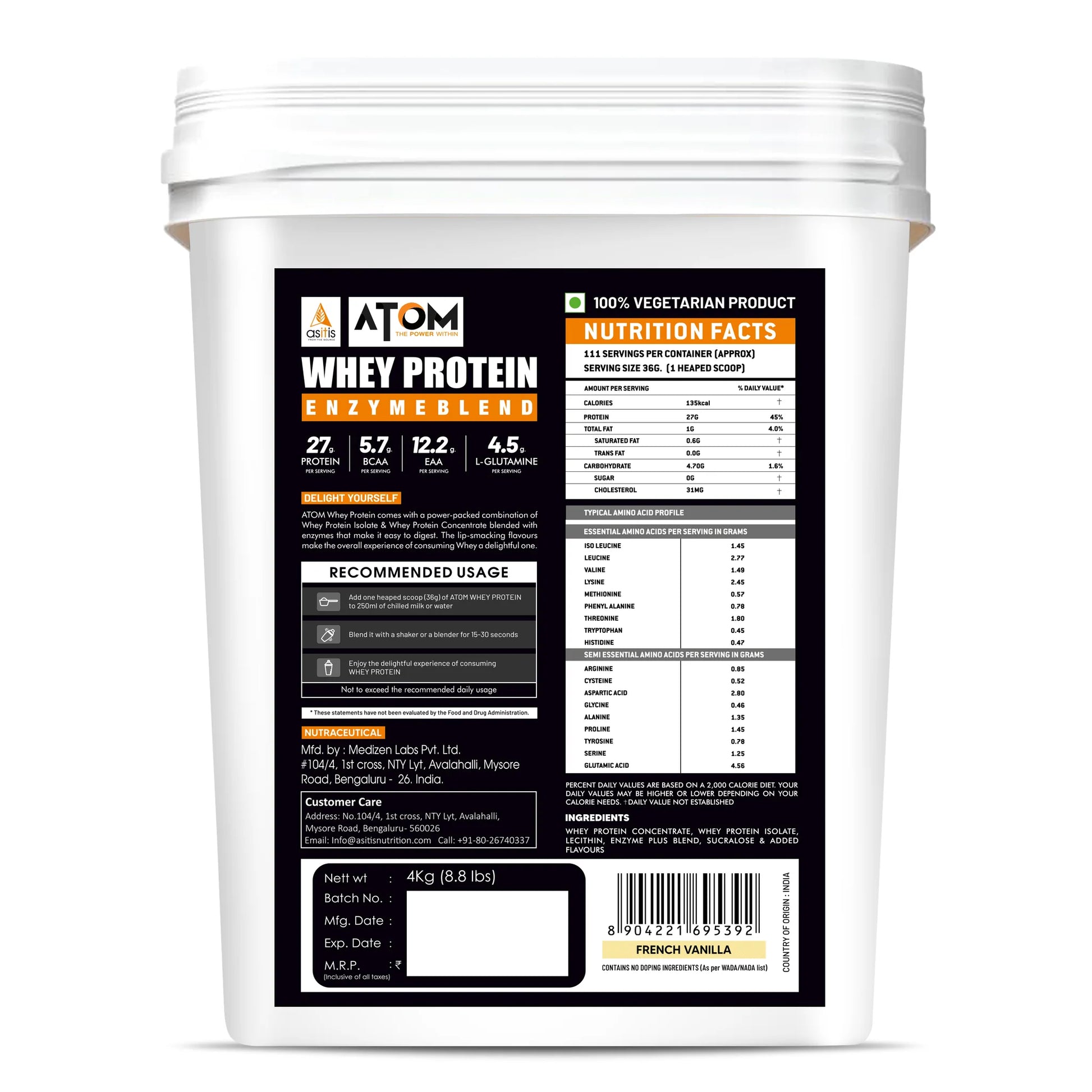White container of Atom Whey Protein Enzyme Blend with nutrition label on a white background