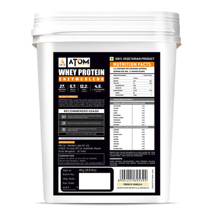 White container of Atom Whey Protein Enzyme Blend with nutrition label on a white background