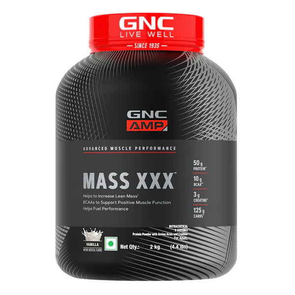 GNC Mass XXX supplement container on a white background
