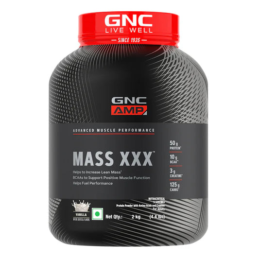 GNC Mass XXX supplement container on a white background