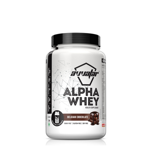 Alpha Whey supplement container with Avvaar branding on a white background