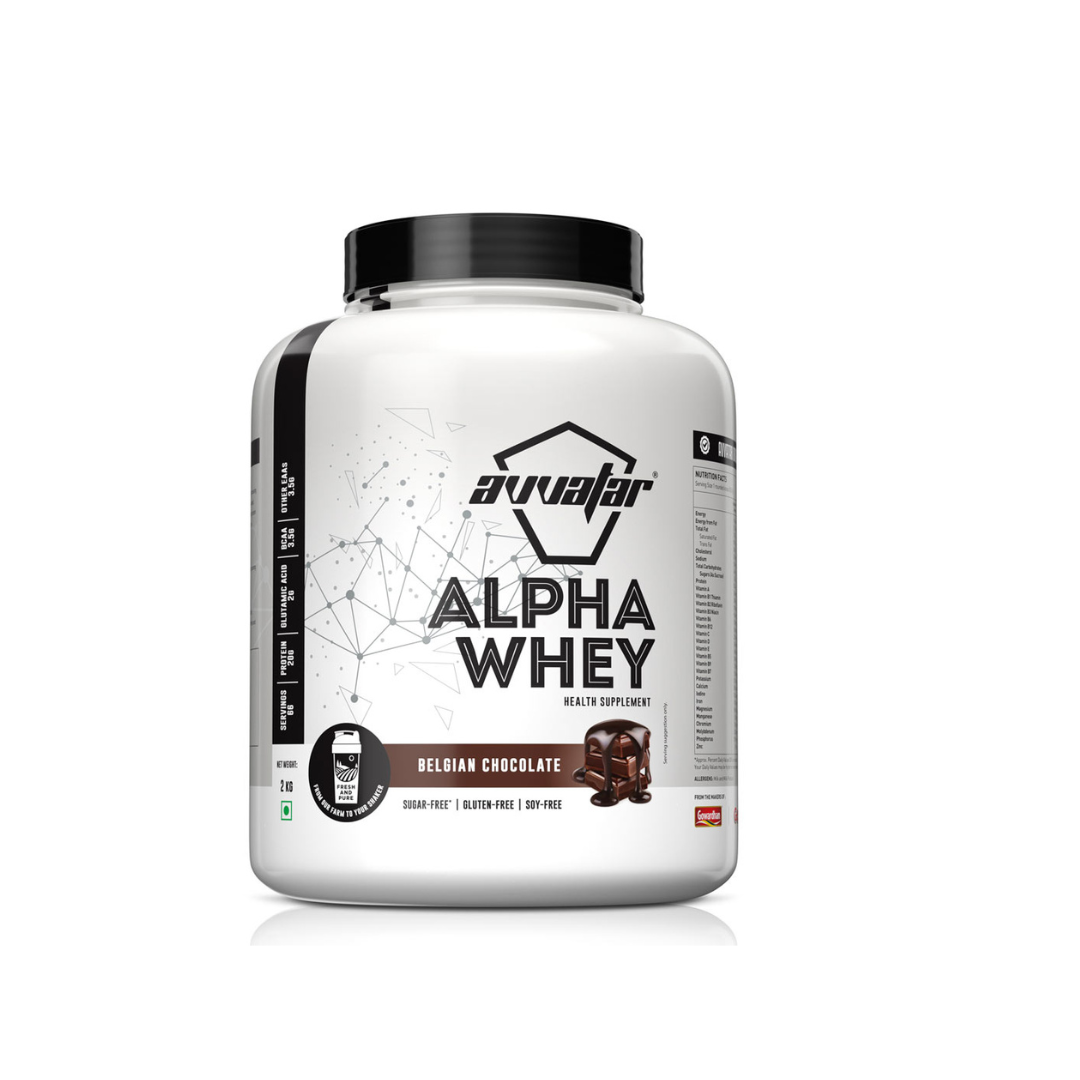 Alpha Whey protein supplement container with black lid on a white background