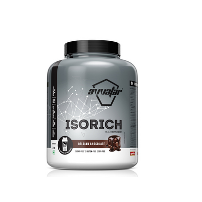 Gray supplement container with black lid labeled 'Isorich' on a white background