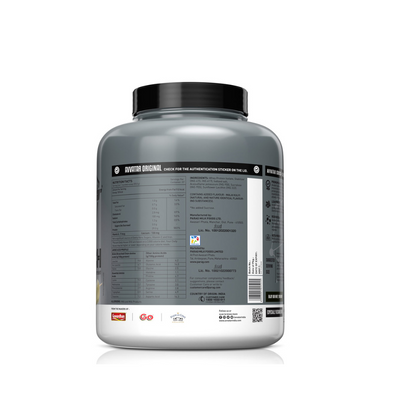 Gray protein supplement container with black lid on a white background