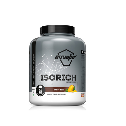 Supplement container labeled 'ISORICH' with a mango flavor on a white background