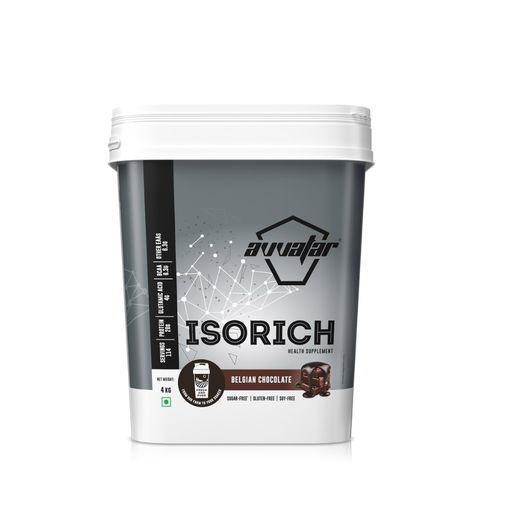 Container of Avvalar Isorich supplement with Belgian Chocolate flavor on a white background