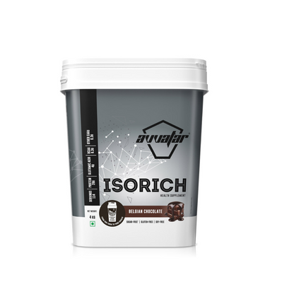 Container of Avvalar Isorich supplement with Belgian Chocolate flavor on a white background