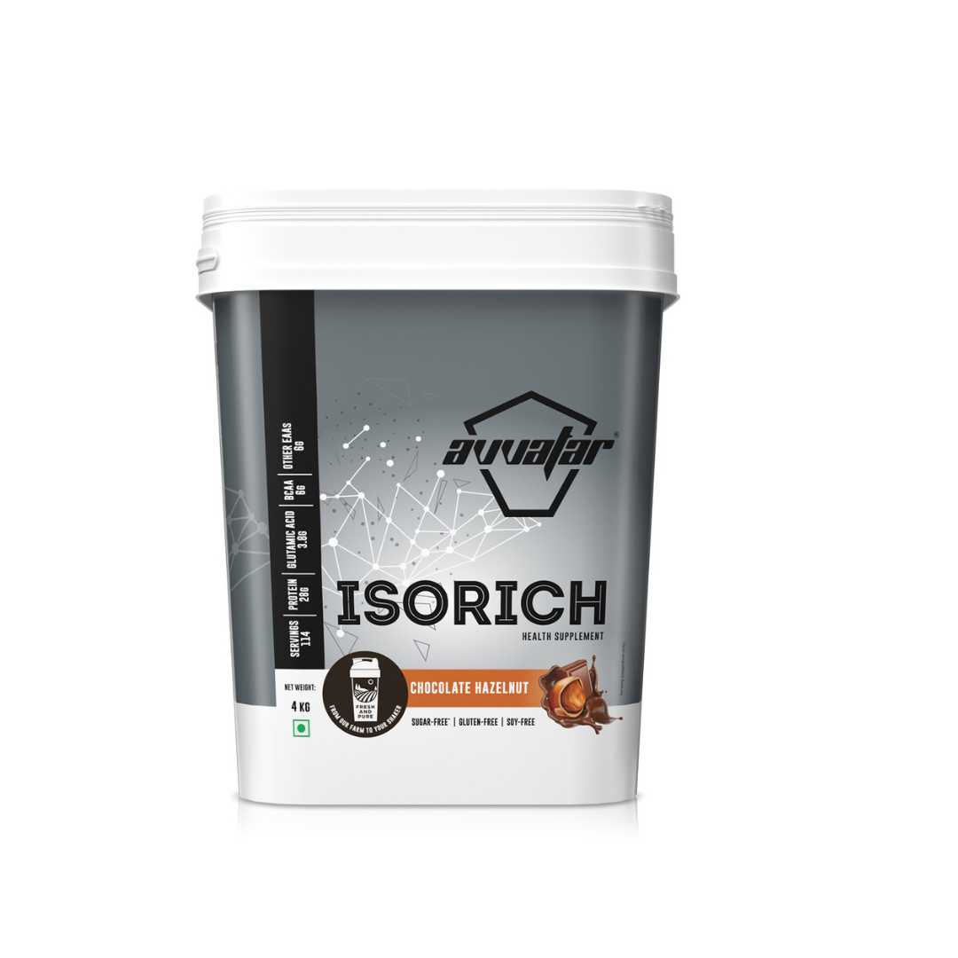 Supplement container labeled 'Avvaatar ISORICH' with chocolate flavor on a white background