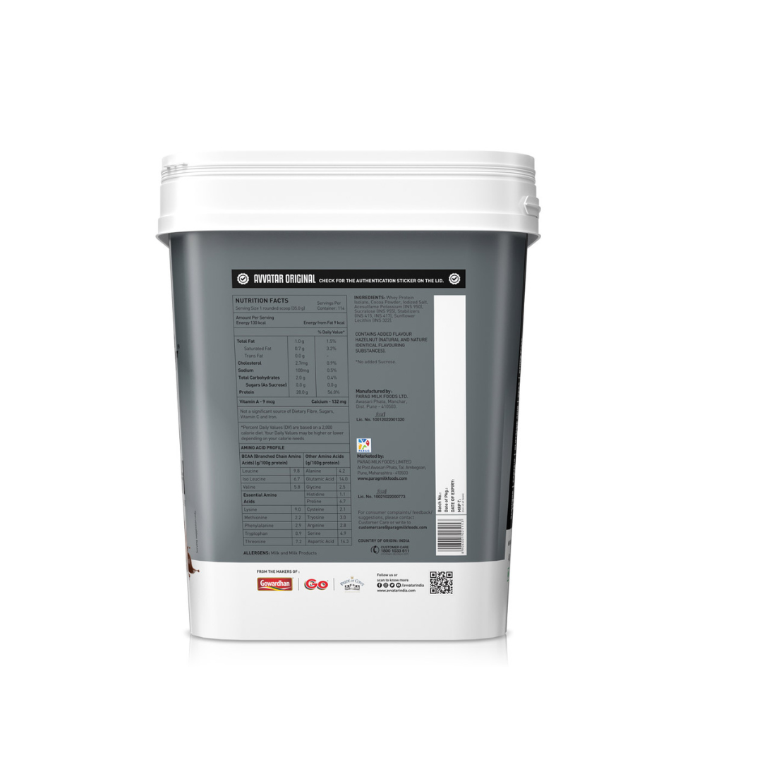 Back view of a protein powder container with nutritional information on a white background